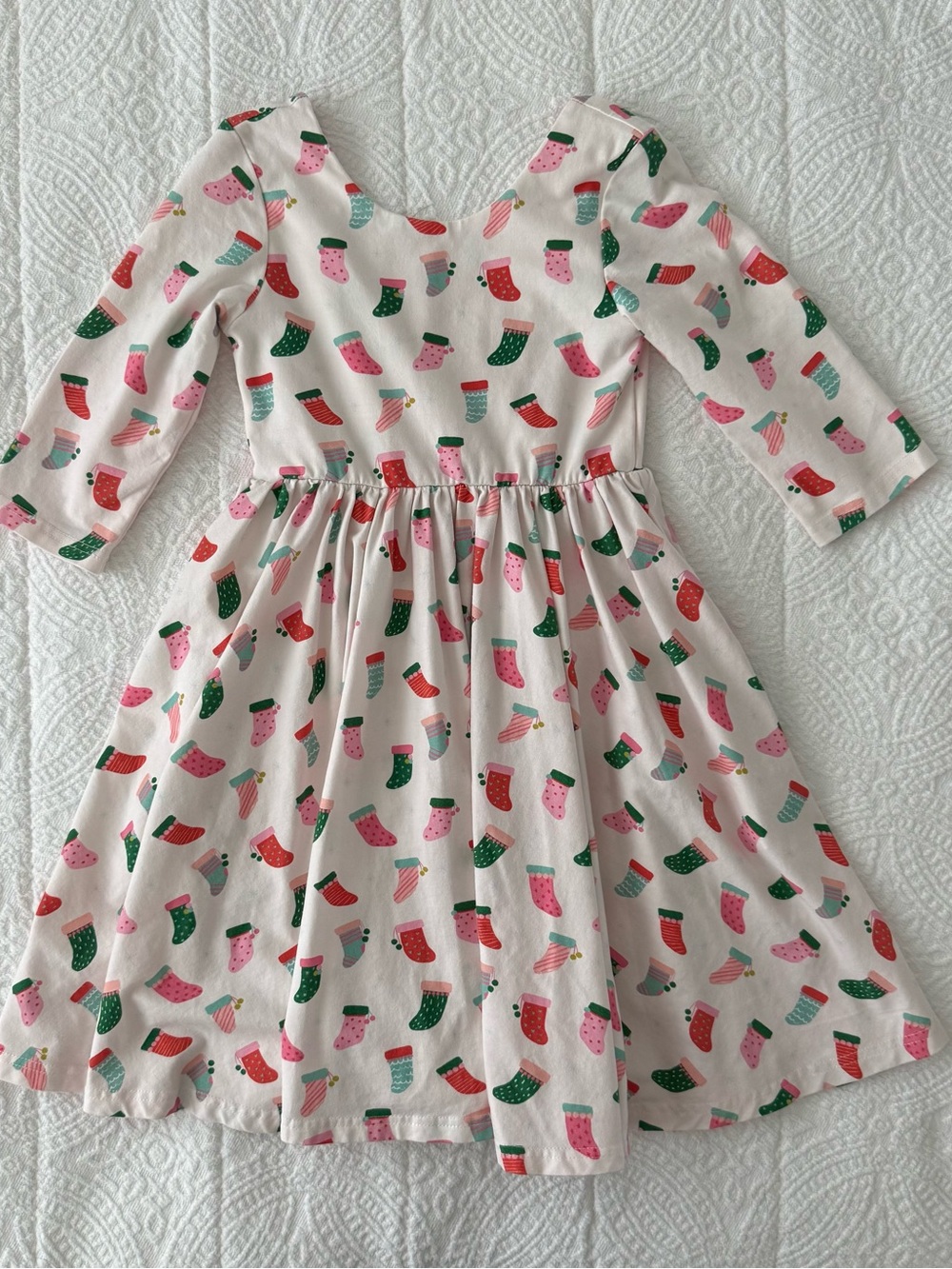 Girls Pink Holiday Stocking Print Dress